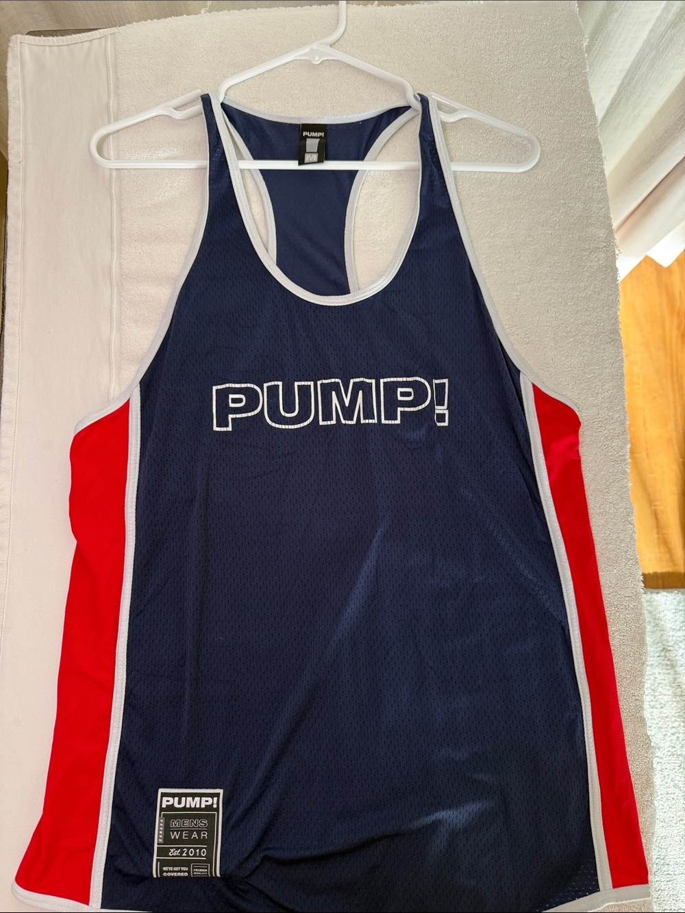 PUMP Men's Navy & Red Athletic racerback tank top. Perforated fabric.